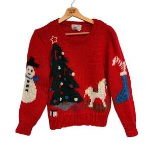 VTG Windcrest Hand Knit Christmas Sweater SZ S Christmas Tree, Snowman, Stocking